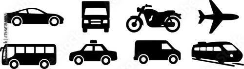 Collection of Transportation Icons Cars, Trucks, Motorcycles, Buses, and Airplanes