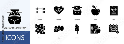 diet and nutrition icon collection set. Containing Dumbbel, Heart Beat, Lose Weight, Apple, Report, Cheese icon