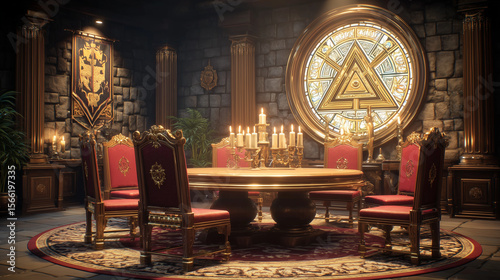 Luxurious Round Table Room Illuminated by Ornate Symbol of the Eye
