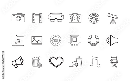 Cinema and Entertainment Iconography A Variety of Visual Elements Illustrating Movies, Music, Technology, and Leisure Activities, Presented in a Cohesive and Stylistically Consistent Manner Throughout