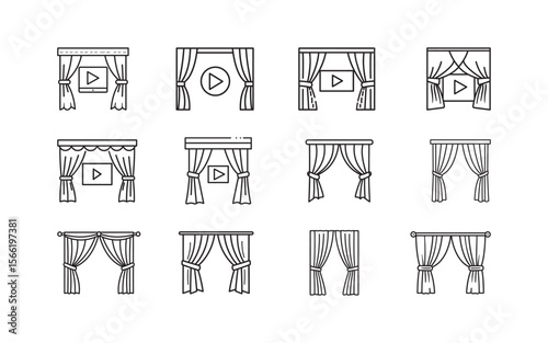 Set of Linear Icons Representing Different Curtain Styles Offering a Versatile Range of Window Decor and Interior Design Elements in Black and White