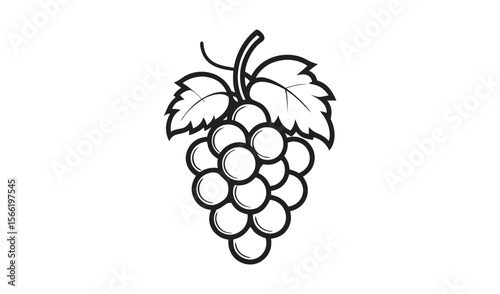 Simple black and white line art illustration of a bunch of grapes with leaves