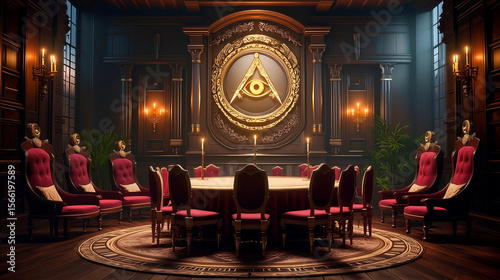 Luxurious Round Table Room Illuminated by Ornate Symbol of the Eye
