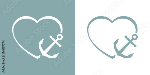 Logo Nautical. Ancla de barco en corazón con líneas 