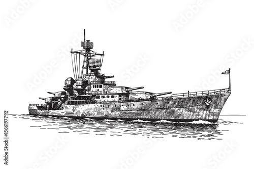 Detailed Naval Warship Vector Engraving Illustration