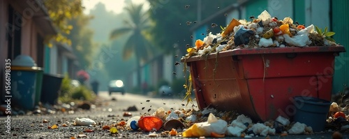 Overflowing dumpster overflowing with carelessly discarded trash, attracting flies and emitting foul odor; a stark image of poor waste management , unsanitary, community, rotting