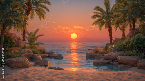 Tropical Beach at Sunset with Palm Trees and Gentle Ocean Waves
