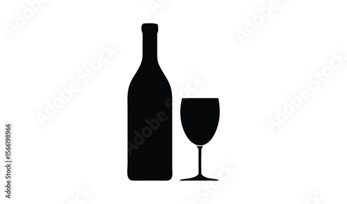 Simple black silhouette of a wine bottle and a wine glass on a white background