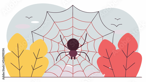 Black scary arachnid spider on a white spiderweb, isolated animal nature illustration