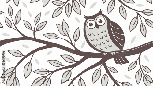 A cute cartoon owl sits lovingly on a floral branch, illustrating nature's spring wildlife