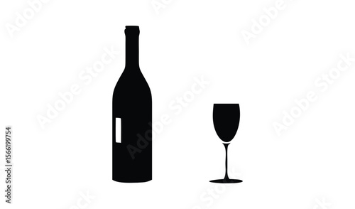 Minimalist black silhouette of a wine bottle and a champagne flute on a white background