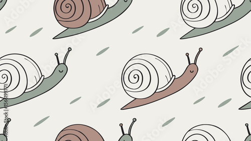 Seamless vector pattern illustration with cute cartoon snail, flower, and swirl shell design
