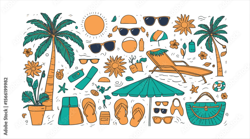 Obraz premium A doodle-style beach vacation scene. It showcases palm trees, fun stuff like open and closed umbrellas, bikinis, sunglasses, and flowers. Imagine sunbathing, soaking up the sun, unwinding, and loungin