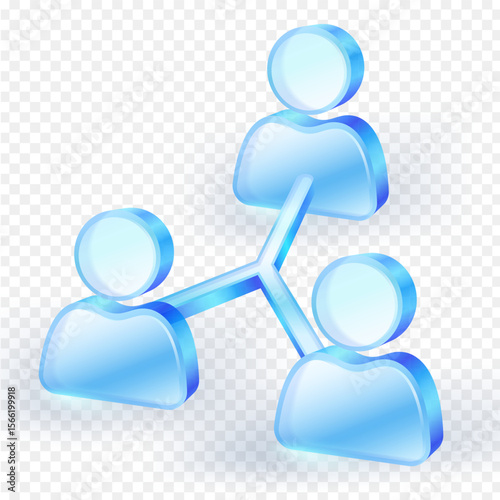 Personnel icons in 3D organization chart and team blue transparent glass material connected in network. Concept of social connection, teamwork, communication and collaboration. Vector illustration.