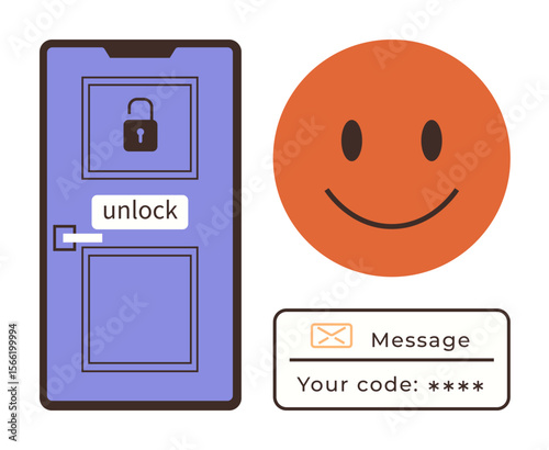 Door with lock and unlock button, smiling face, message box with code. Ideal for cybersecurity, access control, authentication, digital safety, user experience, password management system