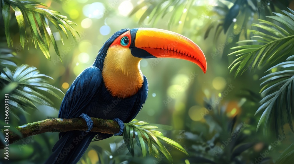 Fototapeta premium Detailed illustration of a toucan in a lush jungle.