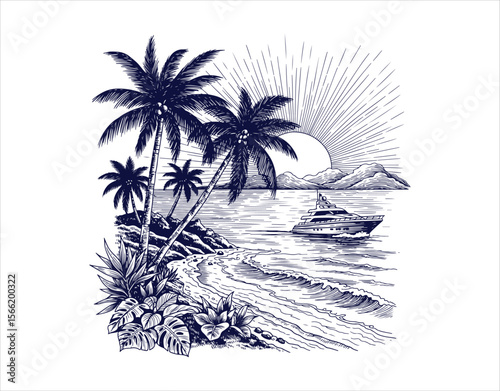 A beach vacation illustrated in a doodle style. It features a mix of palm trees, fun items like open and closed umbrellas, bikinis, sunglasses, and flowers. Think sunbathing, sunshine, relaxation