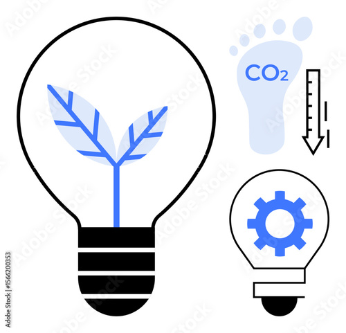 Lightbulb with plant, CO2 footprint with downward arrow, and energy gear represent eco-friendly practices. Ideal for sustainability, green energy, innovation, climate action, eco-living