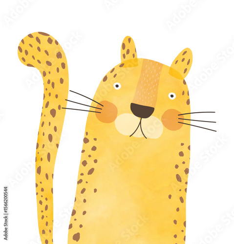 Portrait Of Cute Cheetah. Funny Print With Big Cheetah. Childish Drawing-like Vector Illustration Of Happy Leopard. Yellow Wild Cat On A White Background. Kids Room Decoration. 