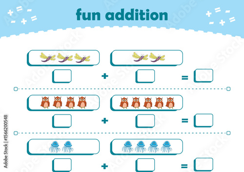 Game for children fun addition by counting cute wild animals pictures printable worksheet vector