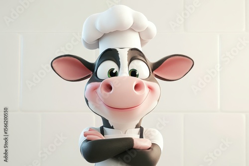Smiling cartoon cow dressed as chef stands confidently in a bright kitchen with crossed arms and a welcoming expression, ready to create delicious meals for diners