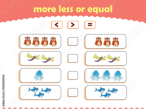 More, less or equal. Count the amount of cute wild animals. Educational math game for kids. Vector Illustration