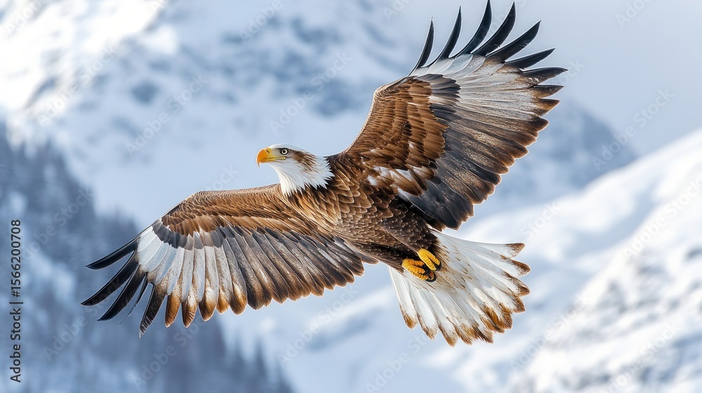 Fototapeta premium Majestic eagle soaring above snowy peaks.