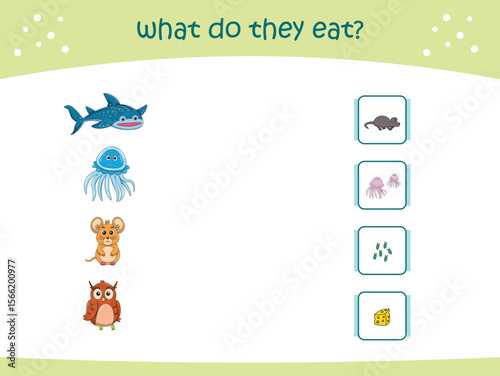 What do they eat matching game for kids with cute wild animals. activity page for kindergarteen and preschool. Vector illustration