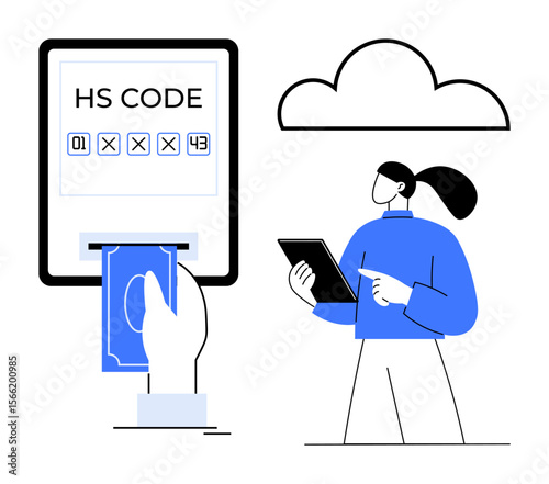 Hand inserting currency near HS code entry interface, woman holding tablet analyzing input, abstract cloud. Ideal for trade, customs, logistics, technology, analysis, data simple landing page