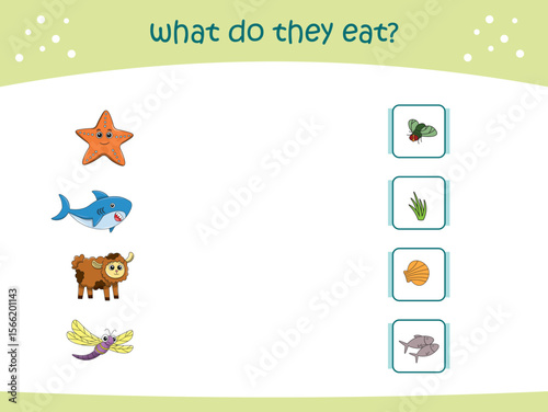 What do they eat matching game for kids with cute wild animals. activity page for kindergarteen and preschool. Vector illustration