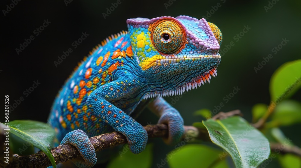 Vibrant chameleon perched on a branch. Vibrant chameleon perched on a branch.