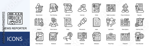 news reporter icon collection set. Containing News Anchor, Fact Checking, Journalist, Interview, Article, Digital Journalism icon
