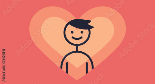 Cartoon figure centered within a peach heart against a coral background