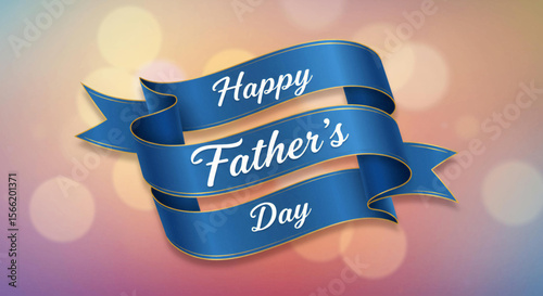Blue Happy Fathers Day banner with white font  gold trim over a bokehlit background