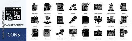 news reporter icon collection set. Containing News Anchor, Fact Checking, Journalist, Interview, Article, Digital Journalism icon
