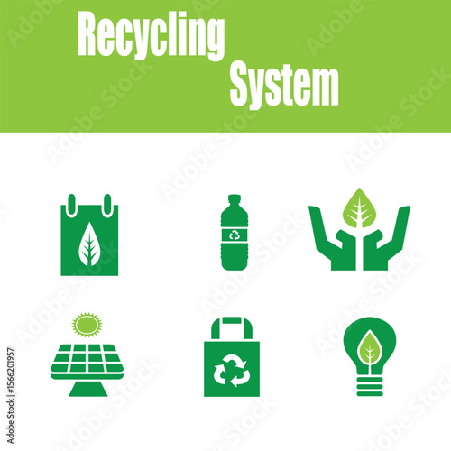 A set of flat green icons for recycling, sustainability, and green energy concepts.