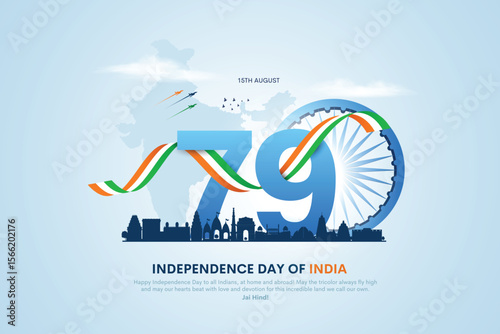 Happy 79th independence day of India. 3d Ashoka chakra with Indian flag. Creative vector illustration design.