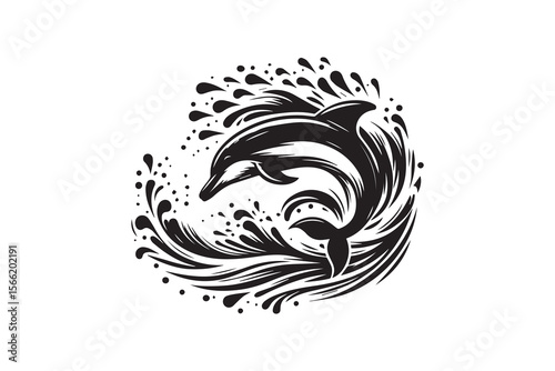 tropical palm trees, dolphins jumping in waves, minimalist silhouette style, blue sky background, 
black and white with blue accents, high contrast, simple geometric shapes, clean and modern design