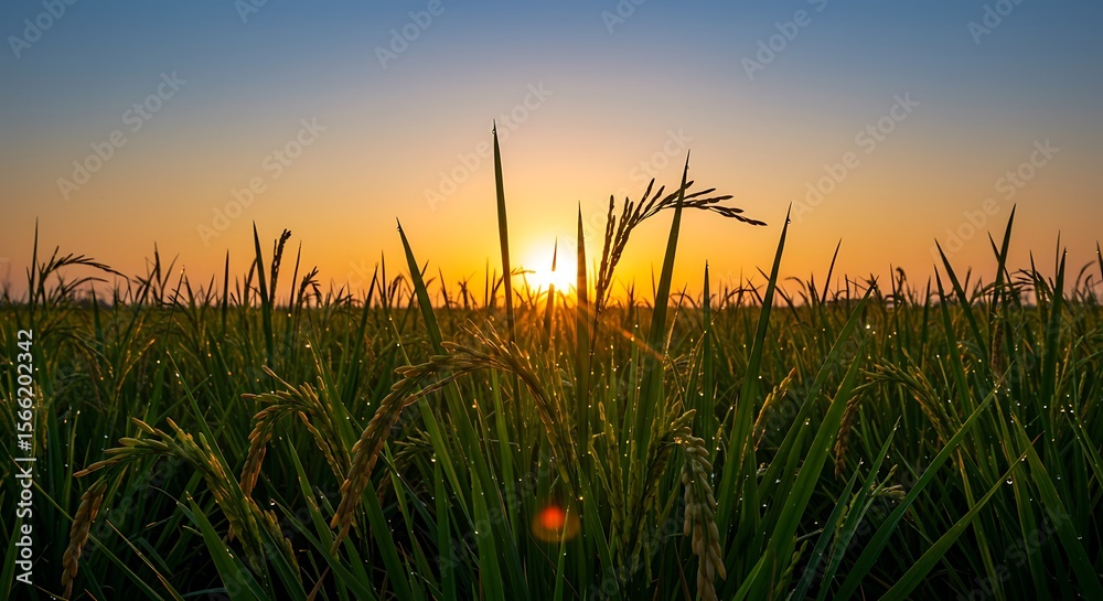 Fototapeta premium Golden Hour Sunset over Lush Rice Paddy Field