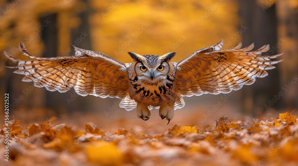 Obraz premium Great horned owl in flight amidst autumn leaves.