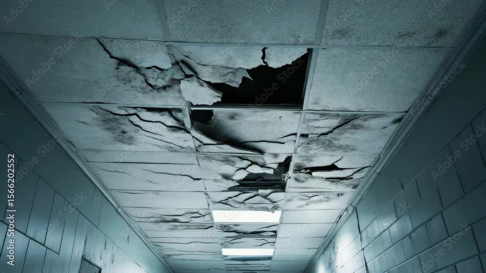 Damaged ceiling broken ceiling peeling paint water damage abandoned building corridor fluorescent light cracked ceiling old ceiling decay deterioration indoor hallway ceiling tile damaged wall