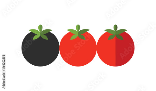 Three stylized tomatoes in a row one dark colored and two red with green leaves on a white background