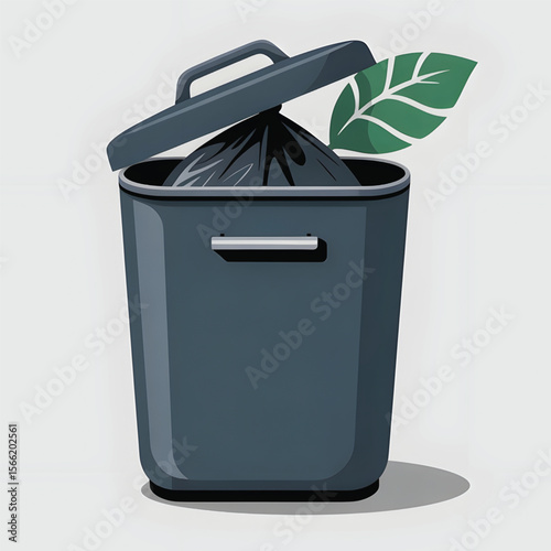 Trash Bin with Green Leaf - Eco-Friendly Waste Disposal Illustration