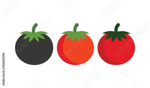 Three stylized tomatoes one dark and two red arranged in a row against a white background