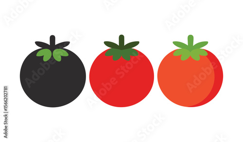 Three stylized tomatoes one black and two red displayed in a row against a white background