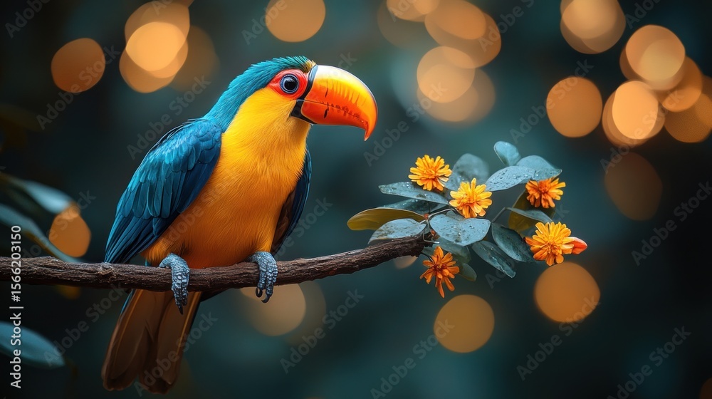 Fototapeta premium Vibrant toucan perched on a branch with blossoms.