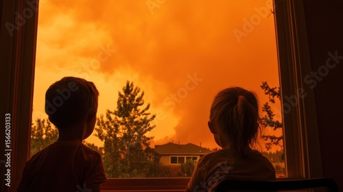 Two children view a fiery orange sky through a window