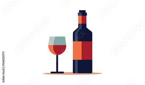 Flat design illustration of a bottle of red wine next to a glass of wine on a white background