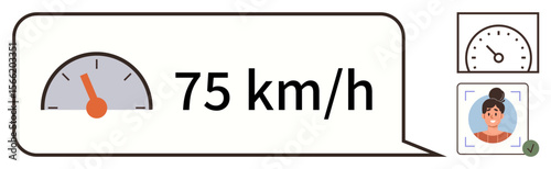 Speedometer gauge displays 75 kmh with driver portrait verification, face detection, and progress icons. Ideal for driving safety, authentication, speed control, navigation, technology, monitoring