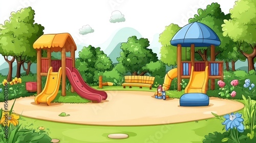 Colorful playground scene in a park.